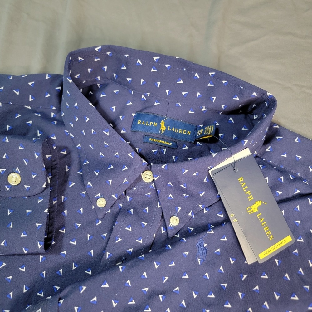 New Polo Ralph Lauren Shirt Men's 2XB Blue Geometric All Over Print  LS NWT